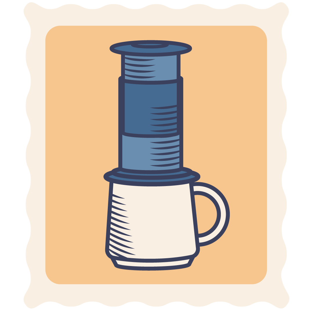 stylized graphic stamp of an Aeropress.