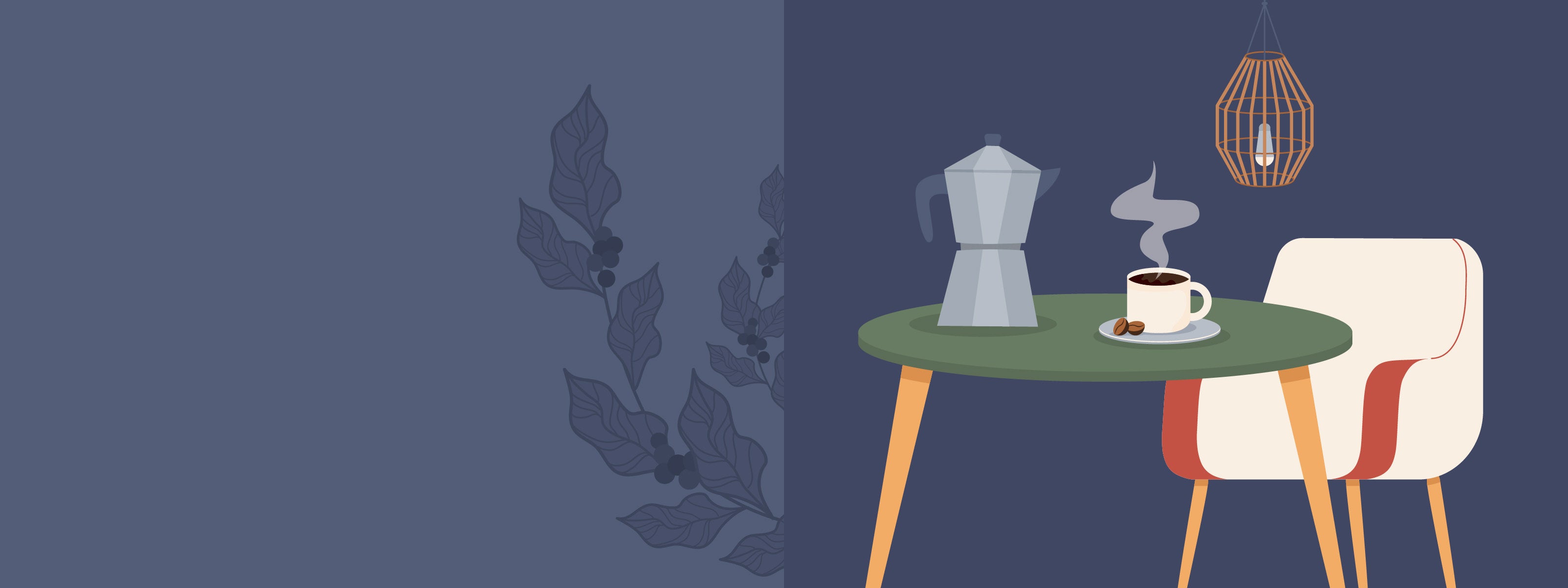 Cozy coffee setup: steaming cup, moka pot, chair at a small table against a dark blue background with coffee plant motifs.