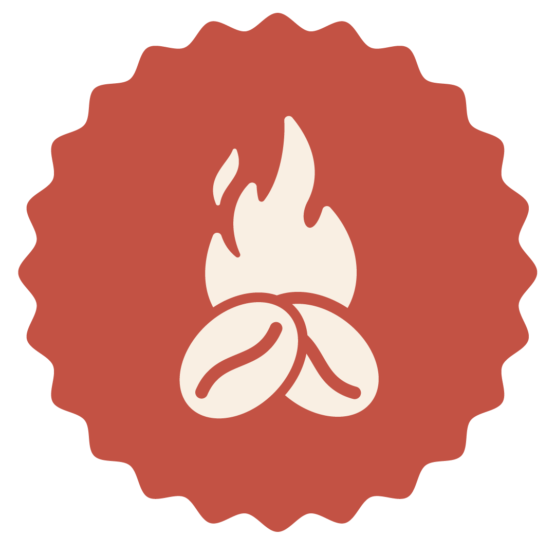 graphic of coffee beans and fire embedded in a scalloped circle.